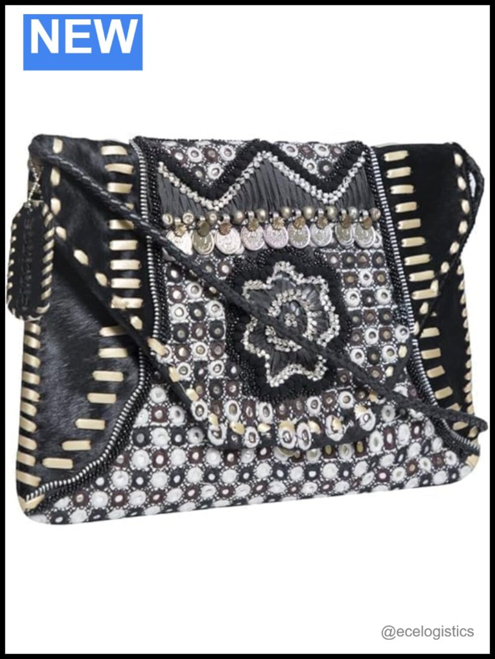 Leather Crossbody Clutch Hand Embroidered Coins Beads Boho Shoulder Bag Braided